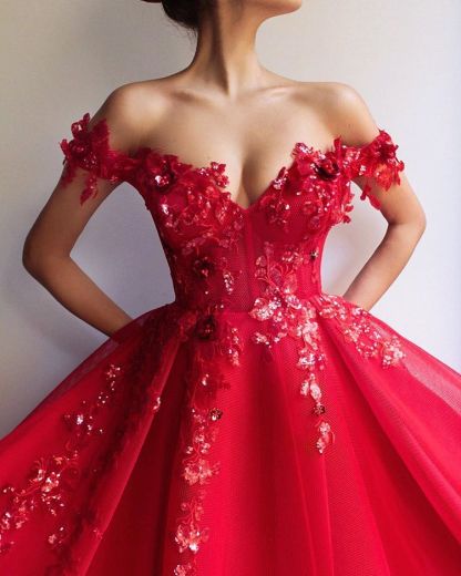 Amazing Ball Gown Off The Shoulder Applique Flowers Affordable Evening Dress UKes UK UK