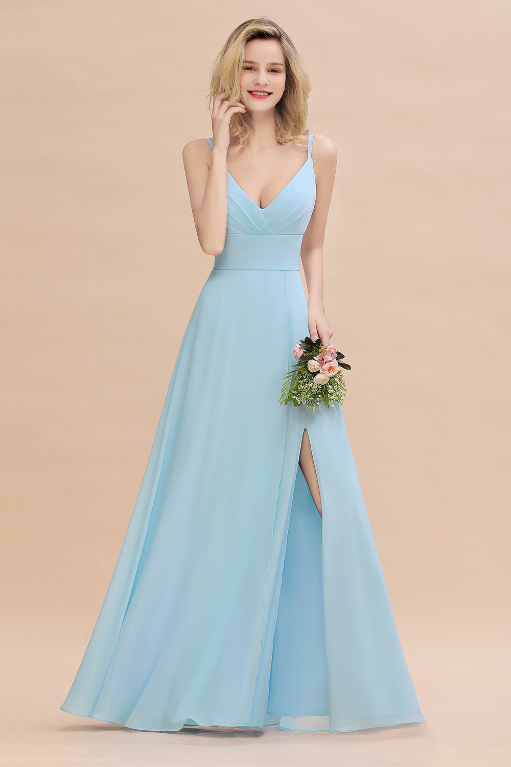 V-Neck A-line Bridesmaid Dress Straps Chiffon Long Wedding Party Dress with Side Split