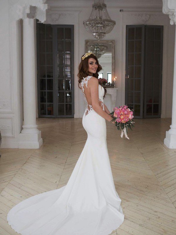 Sexy Mermaid Sweep Train Applique Lace Sleeveless Scoop Neckline Wedding Dresses UK