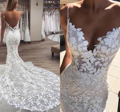 Applique Spaghetti-Strap Wedding Dresses UK Backless Sexy Mermaid Sleeveless Floral Bridal Gowns