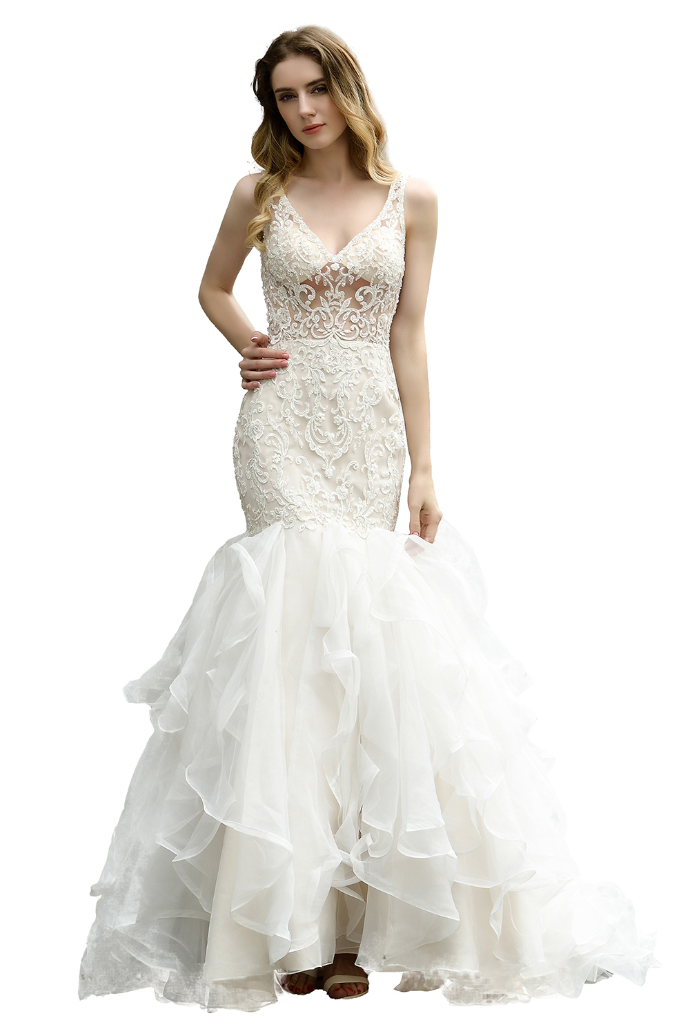 V-Neck Sleeveless Mermaid Bridal Dress Puffy Layers Wedding Dress