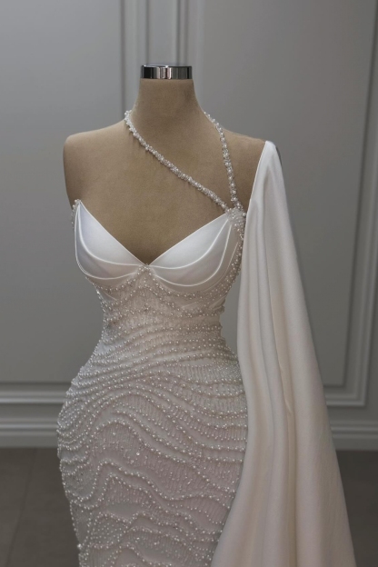 Unique Halter Sweetheart Pearl Mermaid Prom Dresses Floor-length