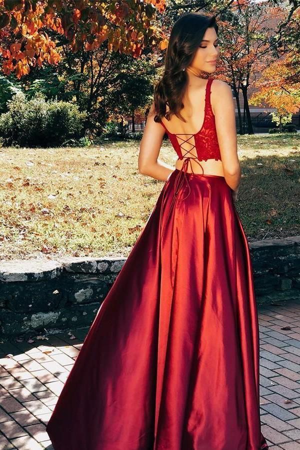 Lace Appliques Two Piece Scoop Prom Dress UKes UK Side slit Lace-Up Sleeveless Evening Dress UKes UK