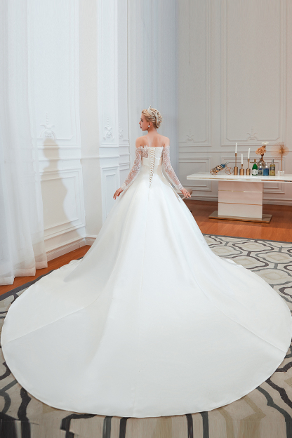 Princess Bridal Gowns with Cathedral Train Long Sleeves Wedding Dresses