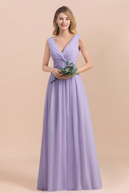 Chic Lilac A-line Chiffon Bridesmaid Dress Sleeveless V-Neck Long Wedding Guest Dress