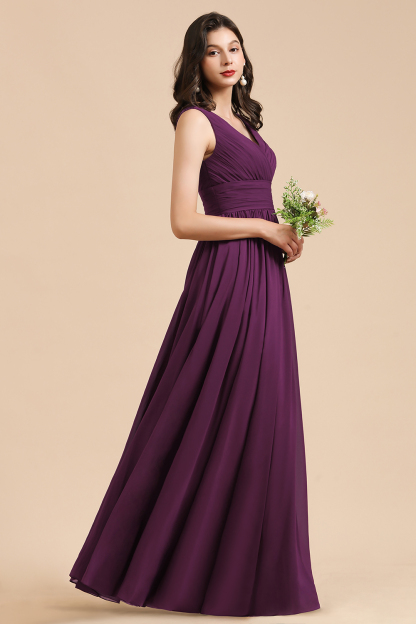 V-Neck Ruched Chiffon Bridesmaid Dress Sleeveless Long Evening Dress-27Dress.co.uk