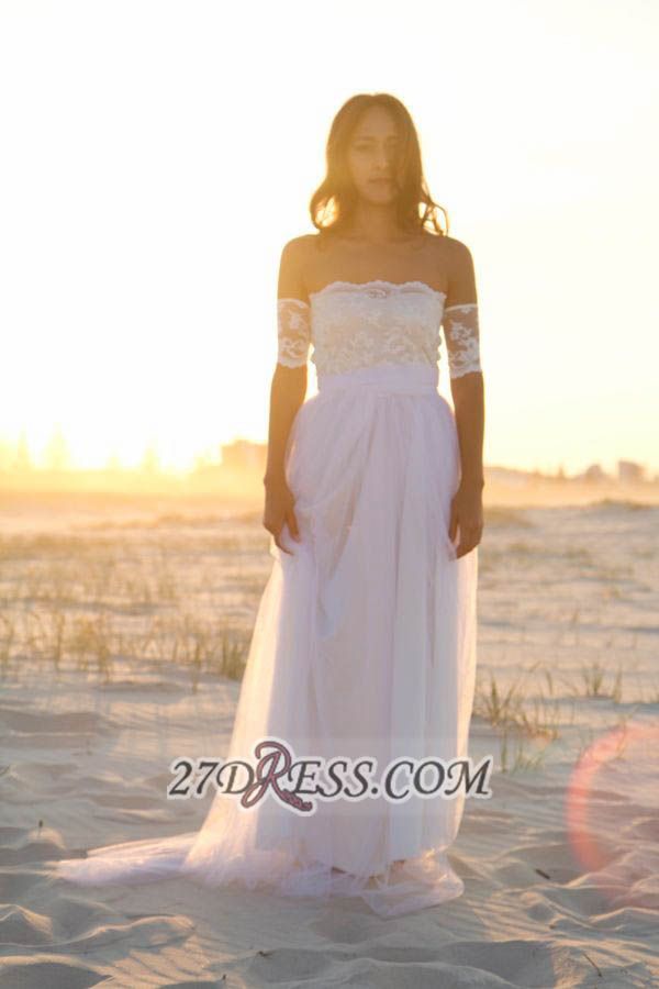 Elegant Off-the-shoulder Tulle Long Beach Wedding Dress With Lace Appliques