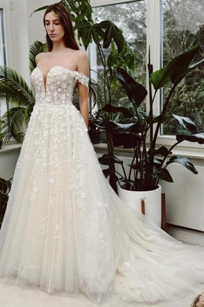Off-the-Shoulder White Floral Lace Wedding Dress Simple Aline Tulle Bridal Dress