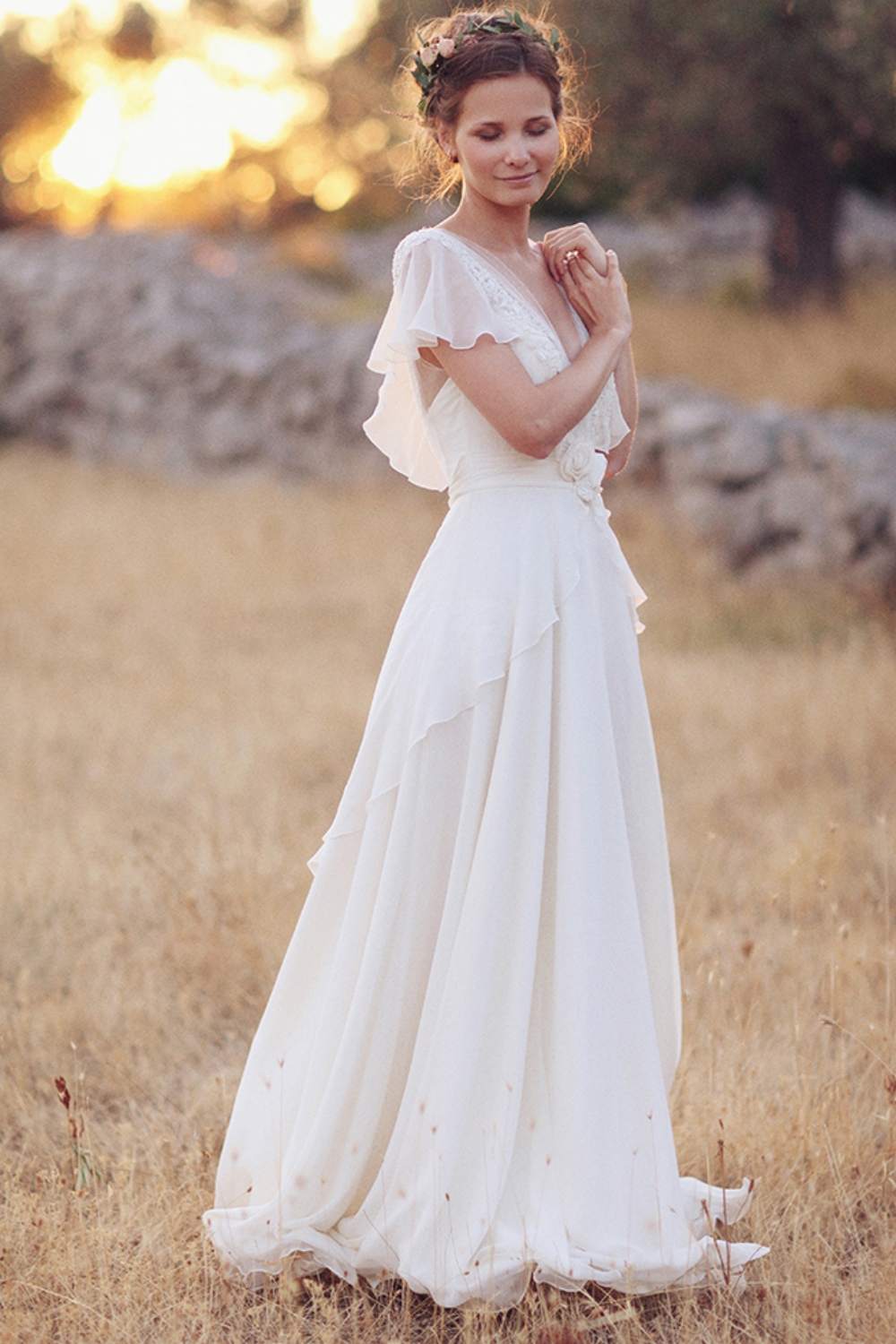 Ruched Floor-Length A-Line V-neck Short Sleeves Wedding Dresses UK -27Dress.co.uk