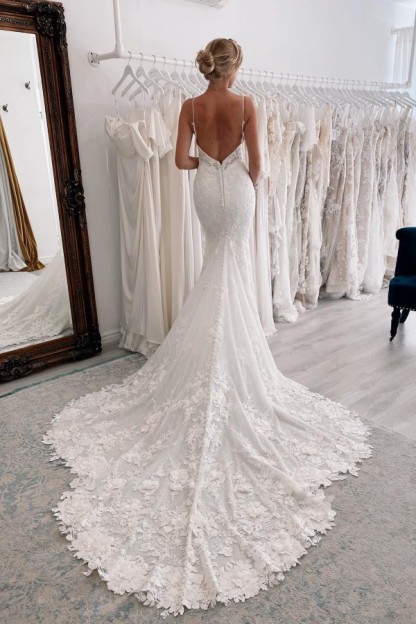 Stunning V-Neck Mermaid Bridal Dress Spaghetti Straps Lace Appliques-27Dress.co.uk