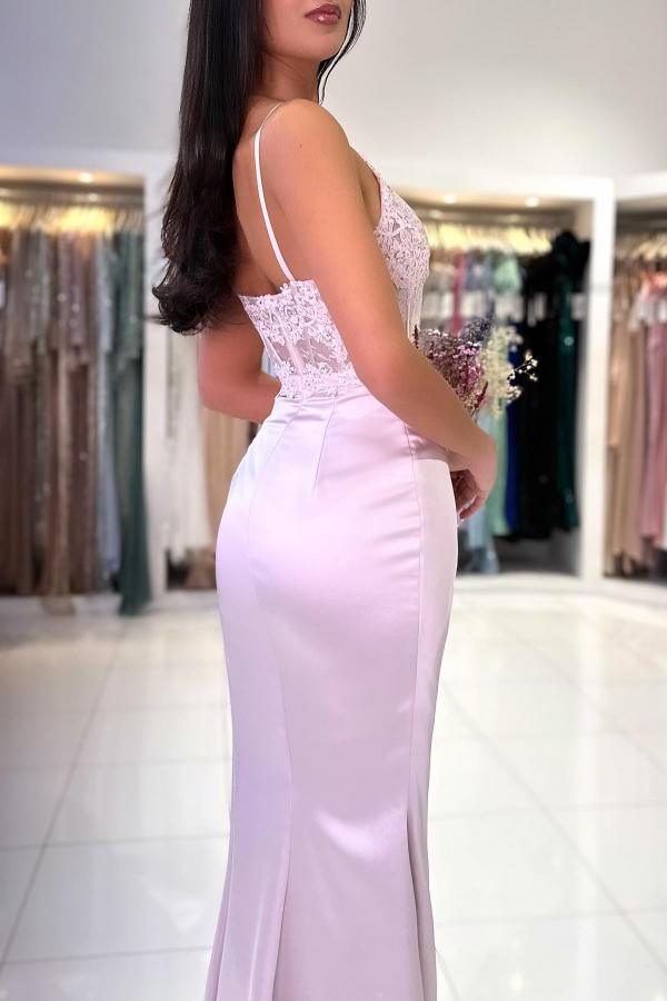 Simple Satin Side Slit Mermaid Prom Dress Lace Appliques Sleeveless Special Occasion Dress
