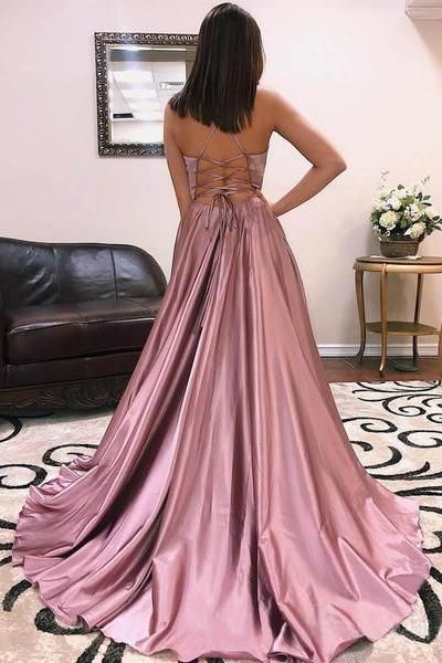 Charmeuse Halter Lace-Up Prom Dress UKes UK Side slit Sleeveless Evening Dress UKes UK