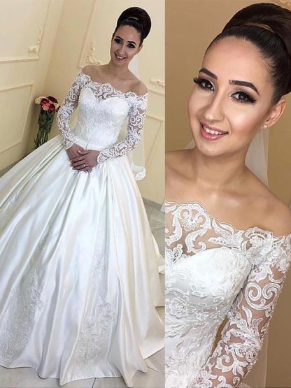 Off-the-Shoulder Court Train Ball Gown Satin Long Sleeves Wedding Dresses UK