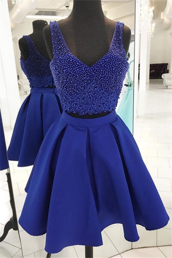 Two Piece Homecoming Dresses | Straps Beading Sleeveless Short Evening Dress