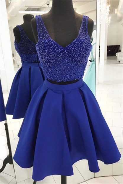 Two Piece Homecoming Dresses | Straps Beading Sleeveless Short Evening Dress