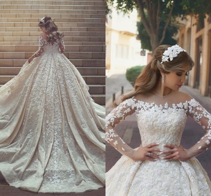 Tulle Crystal Long-Sleeves Gorgeous Appliques Wedding Dress BA6989