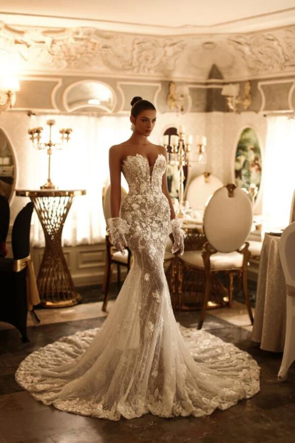 Gorgeous Strapless Floral Lace Mermaid Bridal Dresses Backless Trumpet Tulle Wedding Dress-27Dress.co.uk
