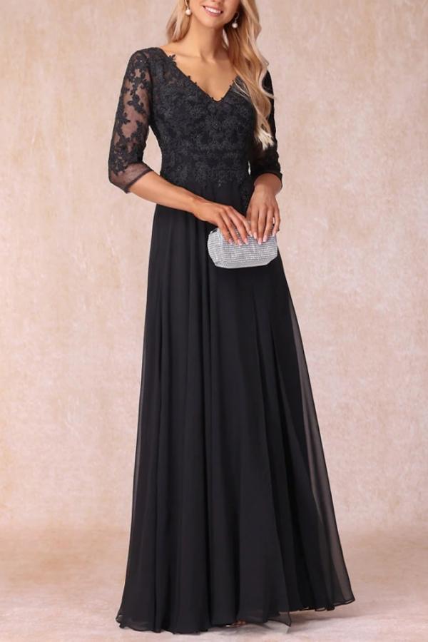 Elegant Black Mother of the Bride Dresses Long with Half Sleeves Chiffon Lace Wedding Guest Wear Dress