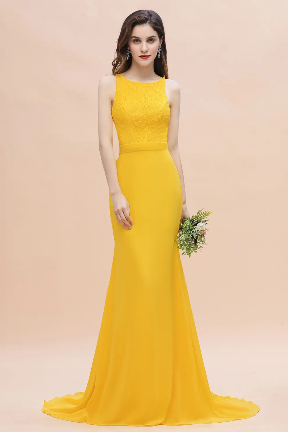 Jewel Neck Mermaid Bridesmaid Dress Yellow Lace Chiffon Long Wedding Party Dress