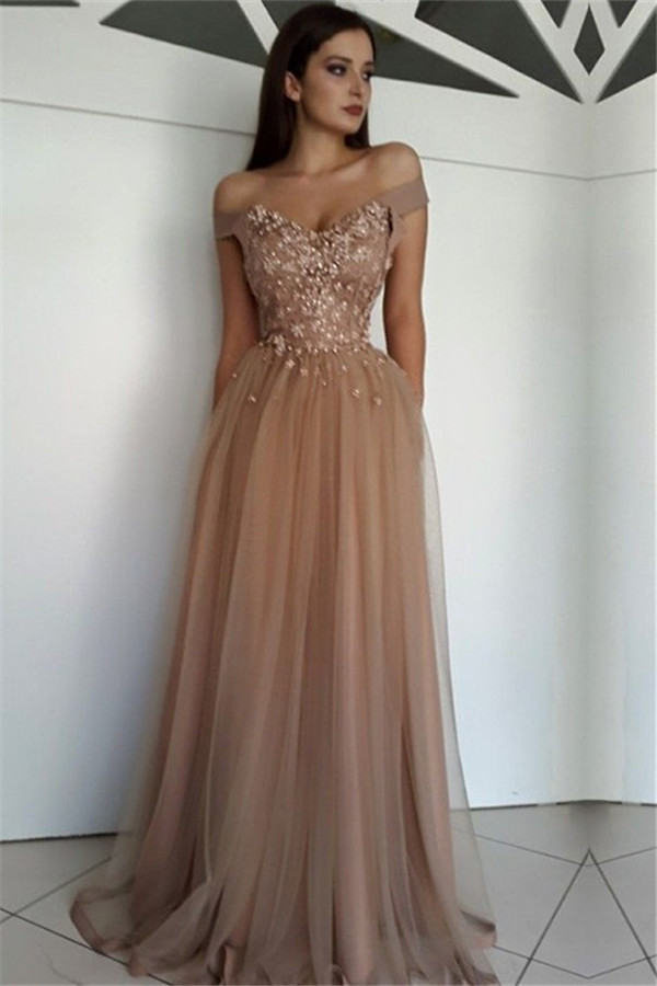 Stunning Off-the-Shoulder Beading Appliques Tulle A-Line Long Prom Dress UKes UK UK