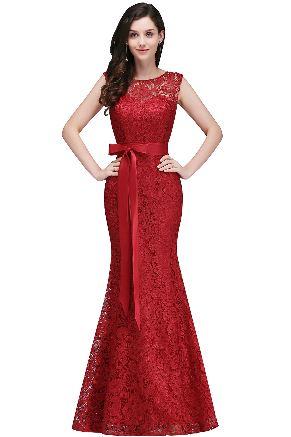 Bowknot-Sash Lace Floor-Length Burgundy Sleeveless Mermaid Prom Dress UKes UK
