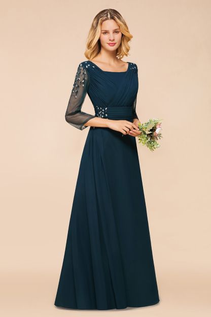 3/4 Sleeves Ruffle Beadings Navy Bridesmaid Dress Long