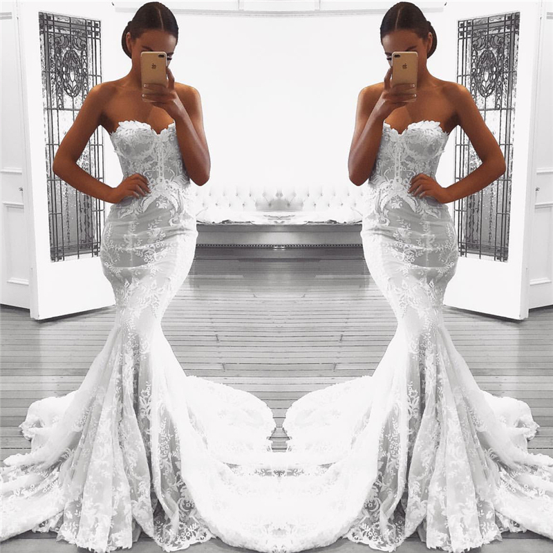 Sexy Mermaid Lace Wedding Dresses UK with Court Train | Strapless Bridal Gowns
