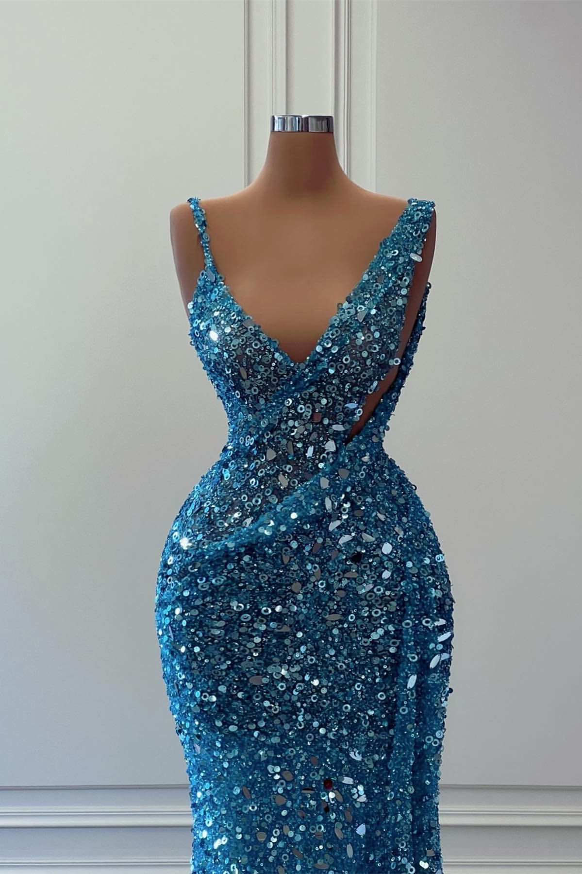 Stunning Blue Sleeveless Sequins V Neck Long Mermaid Prom Dress For Party