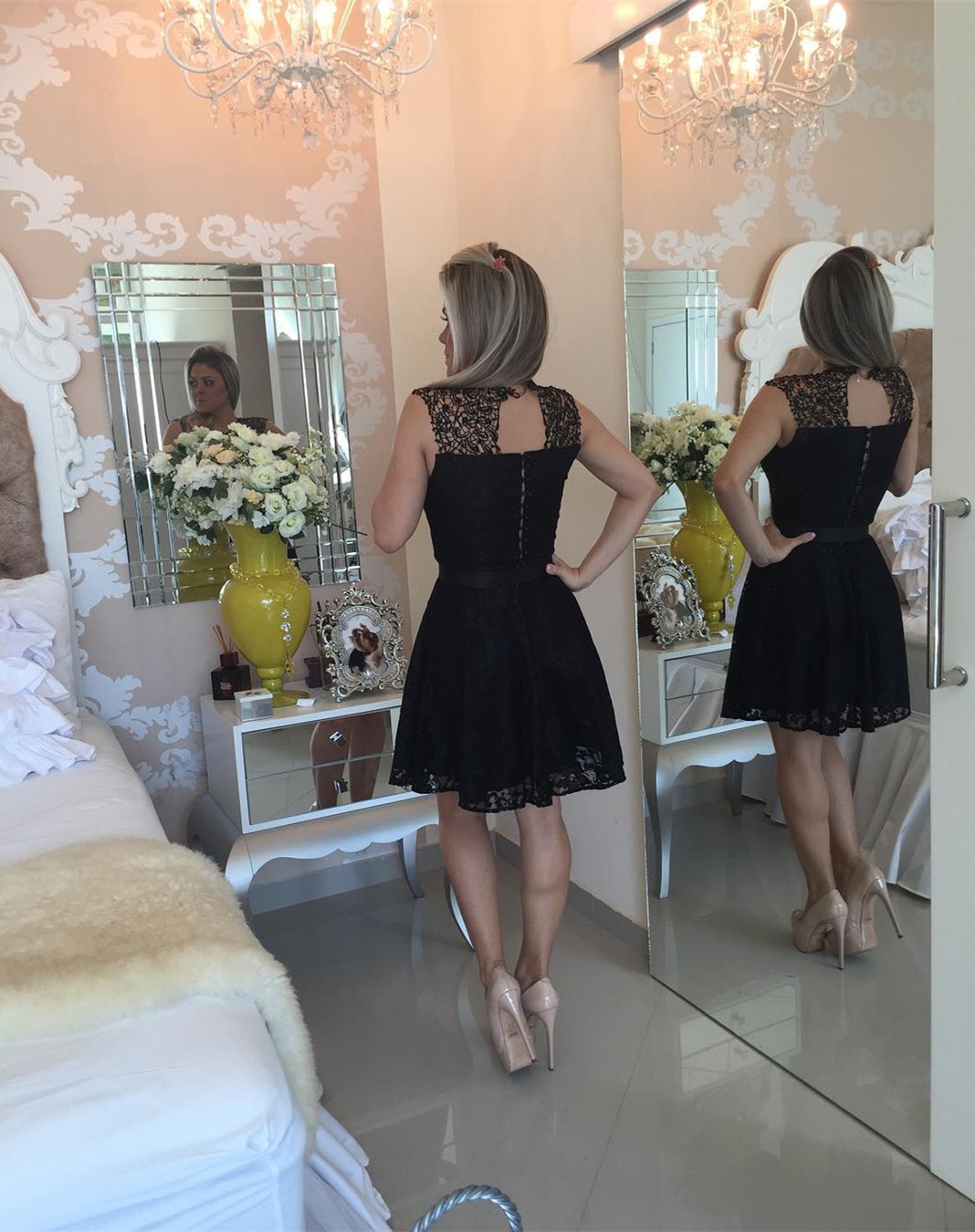 Elegant Black Short Lace Cocktail Dress UK Illusion Sleeveless Sash BA4283