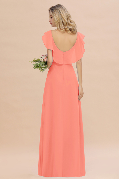 V-Neck A-line Bridesmaid Dress Chiffon Long Wedding Party Dress with Split