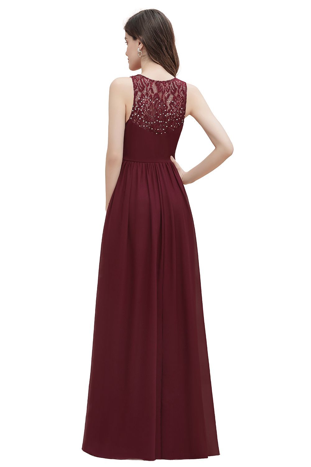 Modest V-Neck Aline Ruffle Chiffon Bridesmaid Dresses Lace Long Formal Dresses