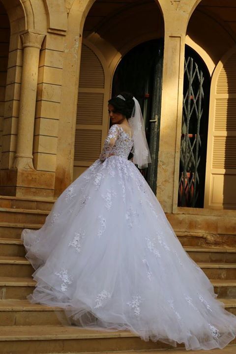 Elegant Illusion Tulle Lace Appliques Wedding Dress Long Sleeve Zipper