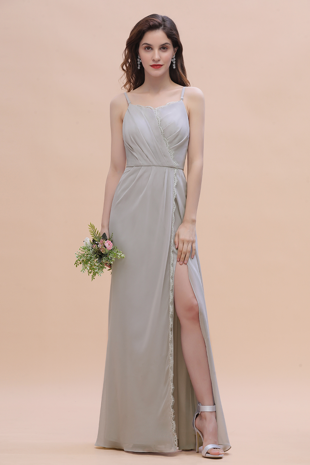 Spaghetti Straps Chiffon Lace Bridesmaid Dress Front Slit Wedding Guest Dress