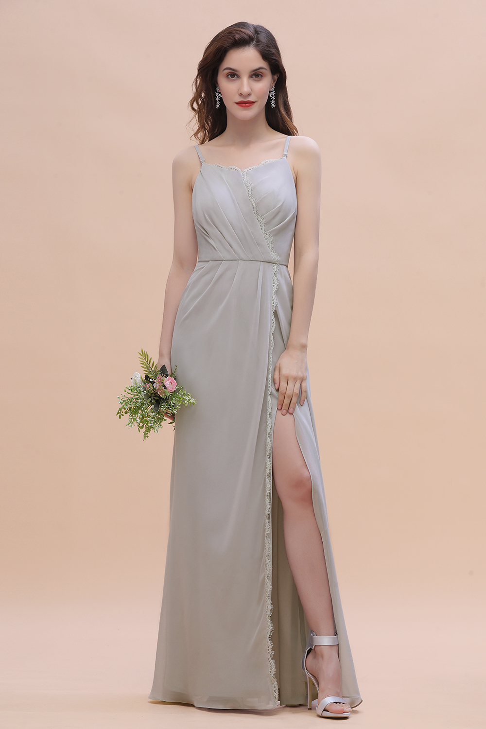 Spaghetti Straps Chiffon Lace Bridesmaid Dress Front Slit Wedding Guest Dress