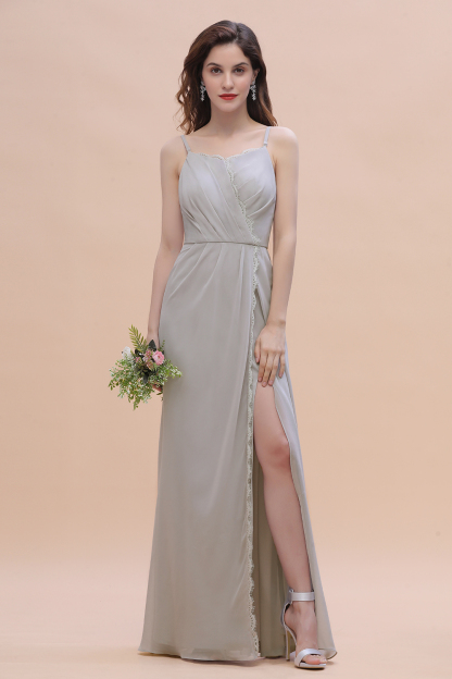 Spaghetti Straps Chiffon Lace Bridesmaid Dress Front Slit Wedding Guest Dress