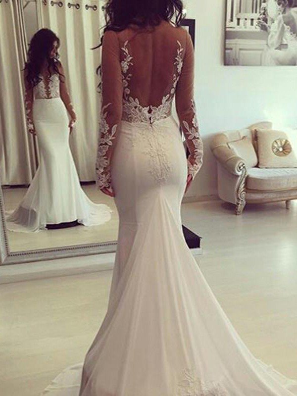 Scoop Neckline Sexy Mermaid Court Train Satin Long Sleeves Wedding Dresses UK