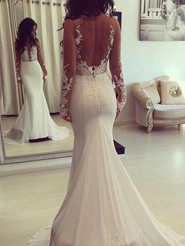 Scoop Neckline Sexy Mermaid Court Train Satin Long Sleeves Wedding Dresses UK