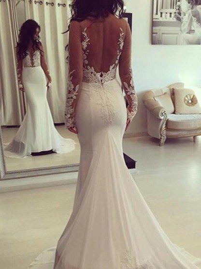 Scoop Neckline Sexy Mermaid Court Train Satin Long Sleeves Wedding Dresses UK