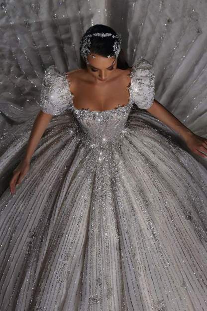 Luxury Square Glitter Seqiuns Ball Gown Puffy Sleeves Aline Wedding Dresses with Beadings Sweep Train-27Dress.co.uk