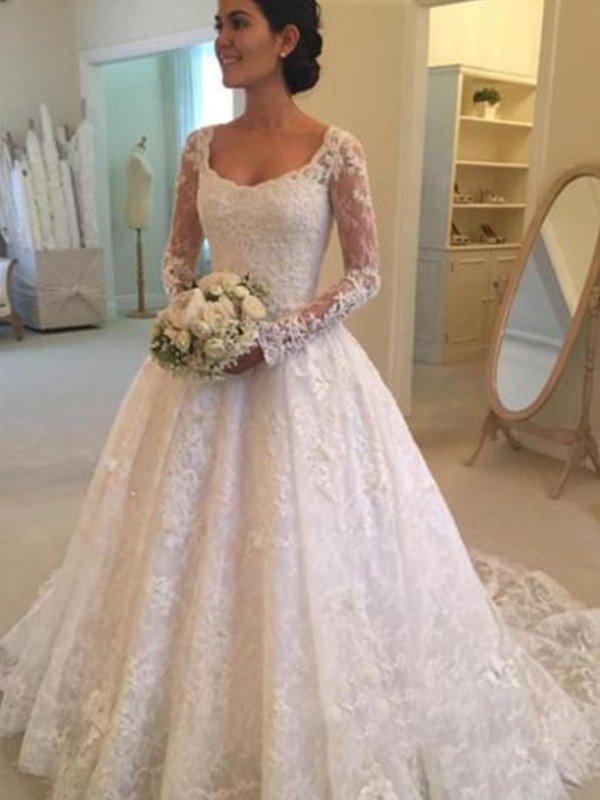 Ruffles Ball Gown Scoop Neckline Cathedral Train Lace Long Sleeves Wedding Dresses UK