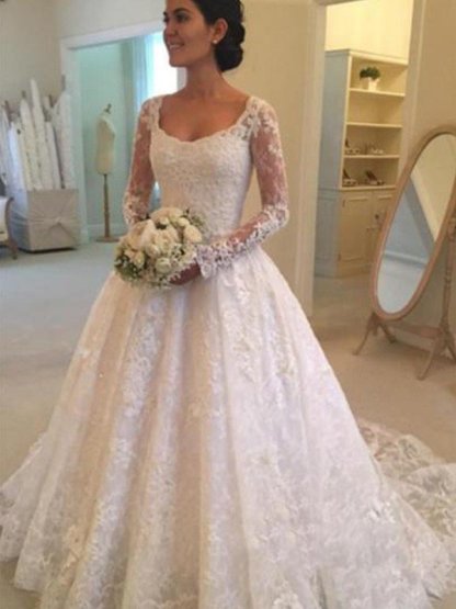 Ruffles Ball Gown Scoop Neckline Cathedral Train Lace Long Sleeves Wedding Dresses UK