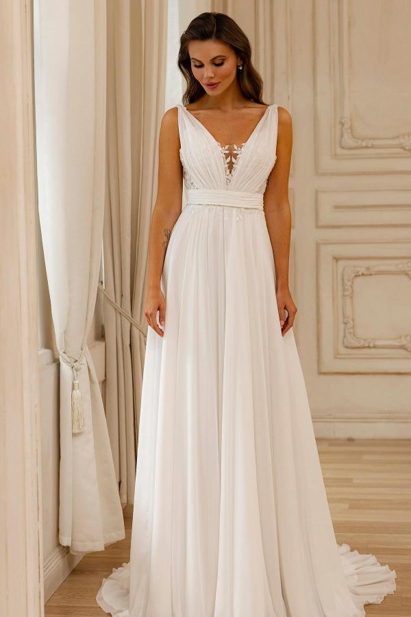 Elegant Cjiffon Aline Wedding Dress Sleeveless Floral Lace V-neck Floo –  27Dress.co.uk