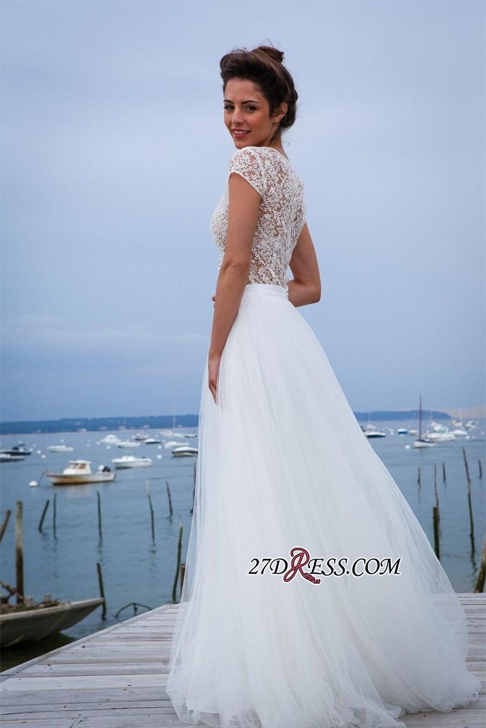 Tulle Simple Short-Sleeves A-line V-neck Chic Wedding Dress