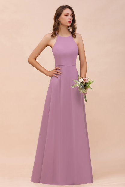 Amazing Halter Wisteria Bridesmaid Dress Simple Chiffon Long Wedding Party Dress