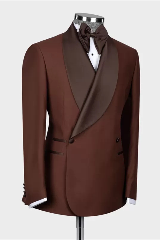 Larry Glamorous Brown Shawl Lapel Double Breasted Wedding Suits