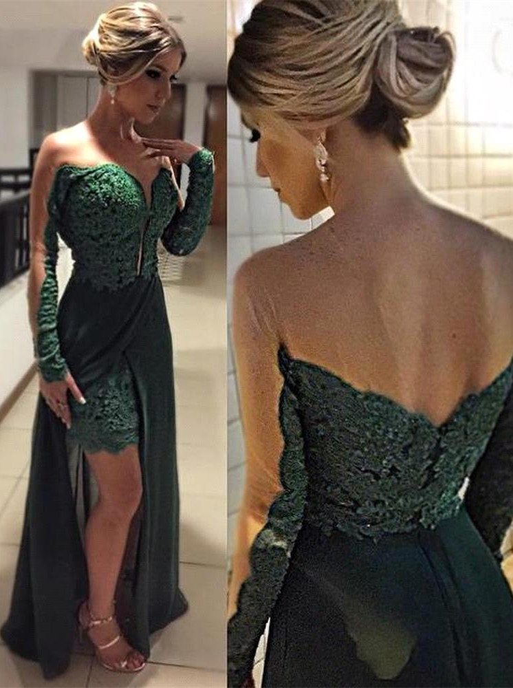 Sexy Long Sleeve Green Evening Dress UKes UK Skirt Long Lace Appliques