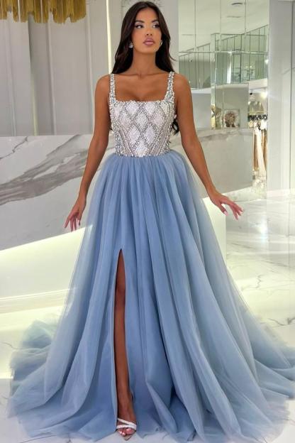 Dazzing Square Neck Side Split Tulle Lace Long Prom Dress