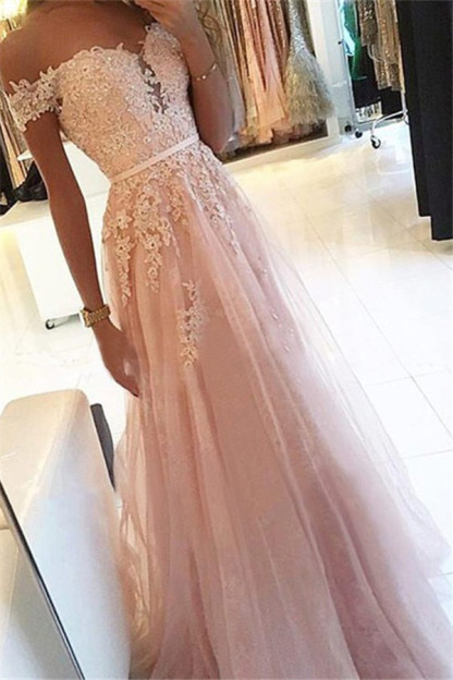 Pink Off-the-Shoulder Lace Appliques Prom Dress UKes UK Tulle Sleeveless Sexy Evening Dress UKes UK