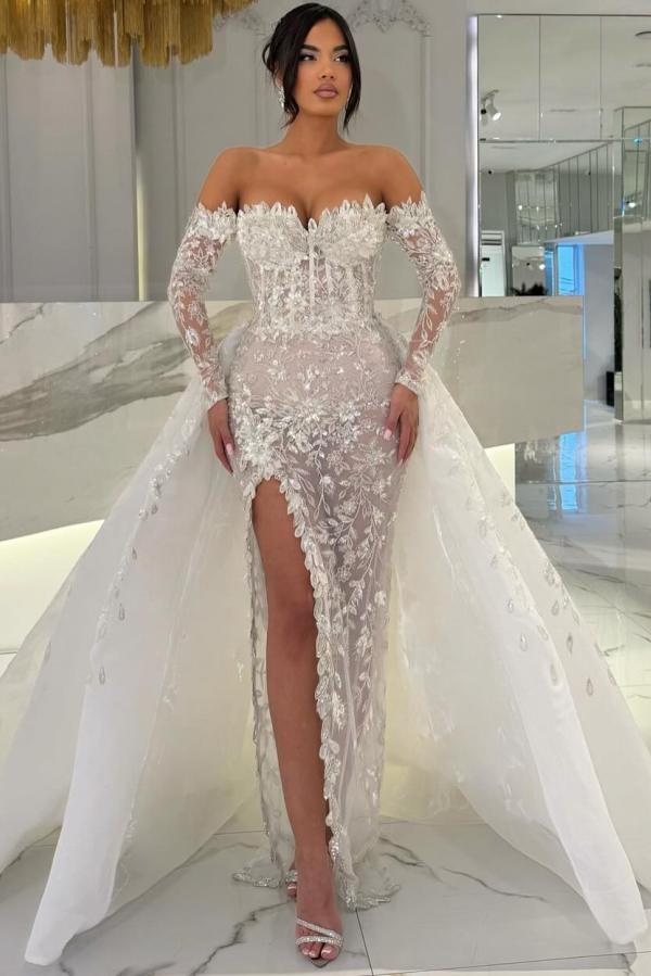 Stylish White Lace Side Slit Evening Dress with Sweep Train
