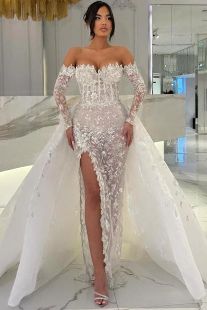 Stylish White Lace Side Slit Evening Dress with Sweep Train